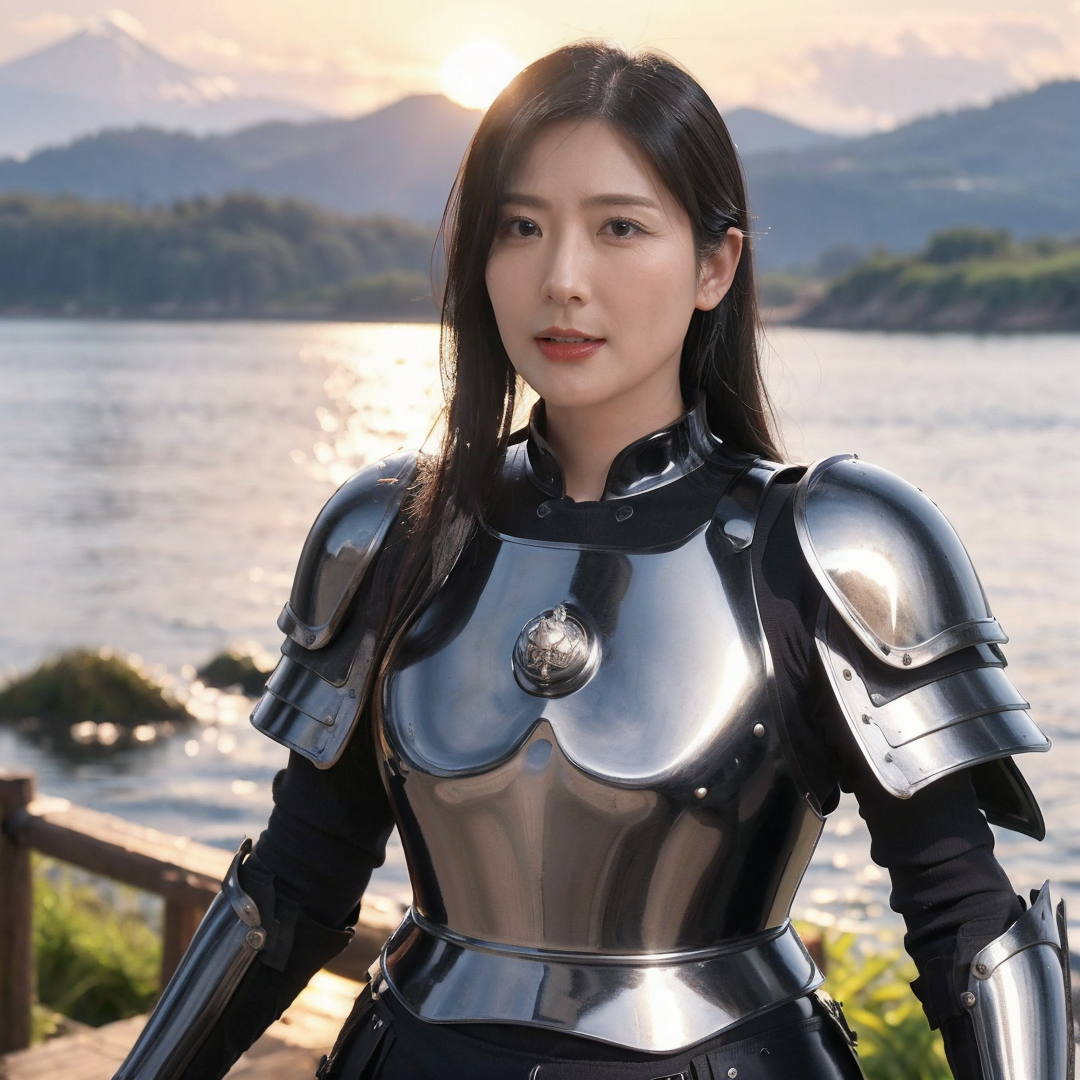 00028-1887133082-1girl,solo,mature female,long,black hair,black eyes,open mouth,((japanese armor)),(looking at viewer),outdoors,ocean,sunset,cowb.png